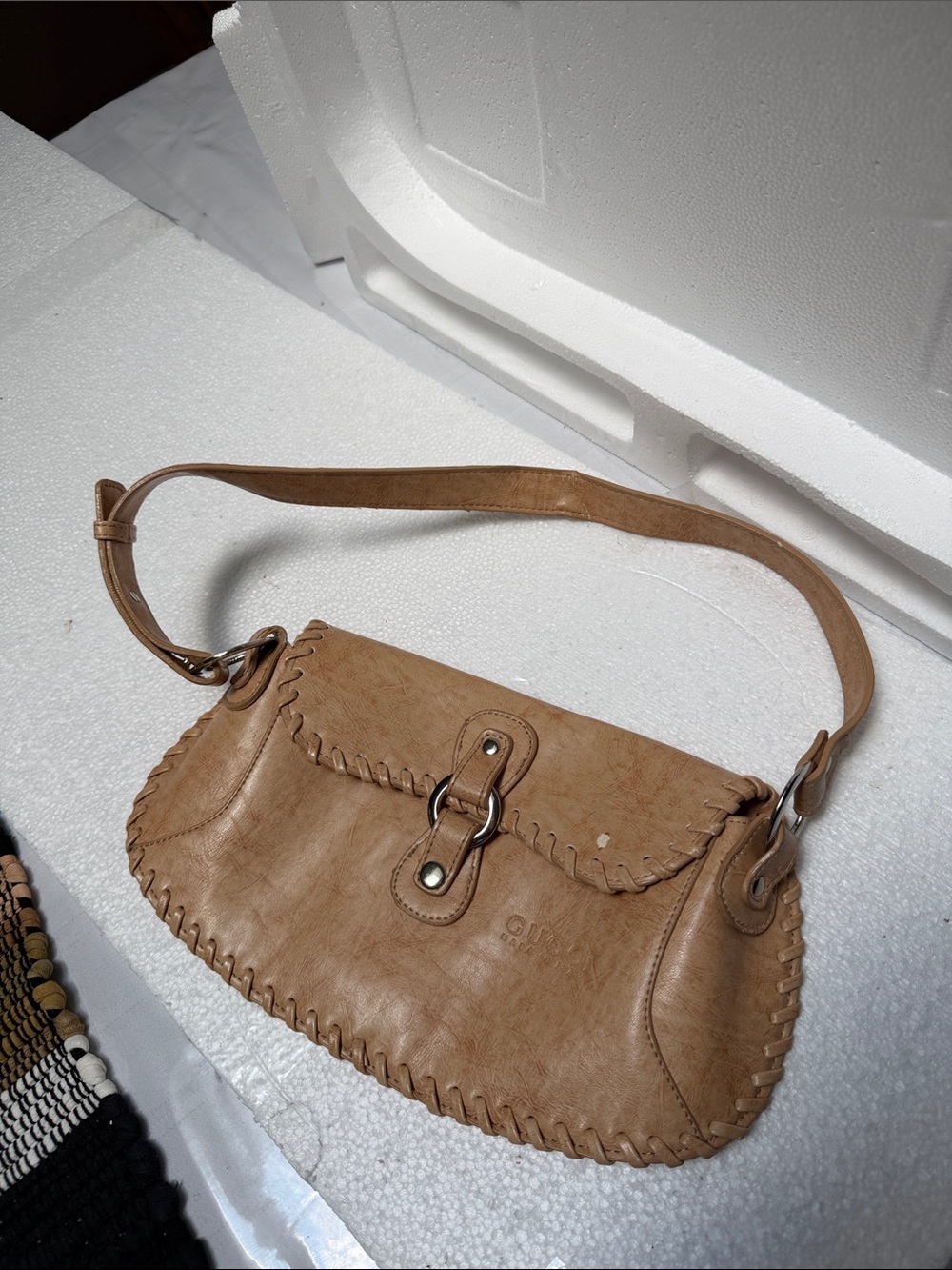 Gucci Knockoff Caramel Tan Leather Shoulder Bag with Whipstitch Trim